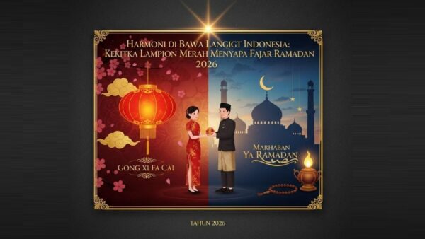 Suasana Imlek dan Ramadan 2026 di Indonesia dengan lampion merah dan masjid saat fajar