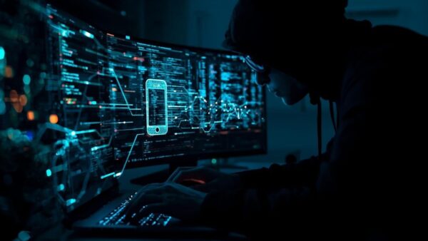Ilustrasi hacker menyusup ke sistem smartphone pengguna